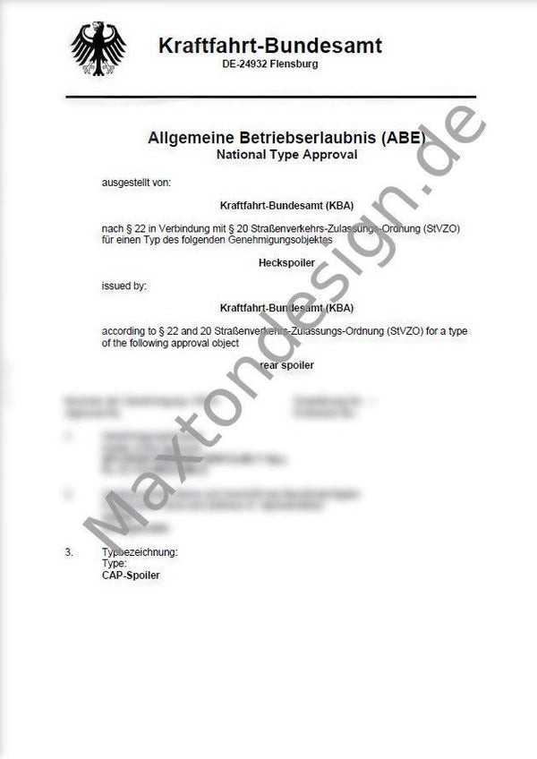 Maxton Design Maxtondesign Heckspoiler Gutachten ABE für alle CAP1 AUDI BMW VW FORD SKODA - Beast Performance Fahrzeugtechnik OHG